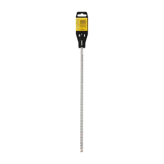 A DEWALT masonry drill bit with a spiral design, packaged in a black and yellow holder, displayed against a white background.