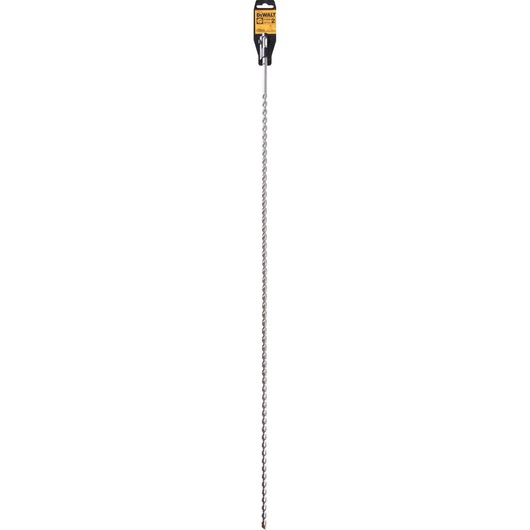 A long DEWALT SDS-Plus hammer drill bit with a spiral flute design and DEWALT branded packaging at the top.