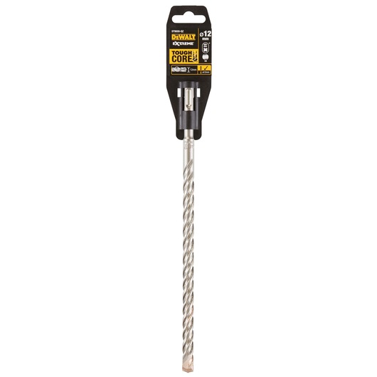 DEWALT DT9555 Tough Core Xtreme 12mm masonry drill bit in its retail packaging, featuring a spiral design and SDS-plus shank.
