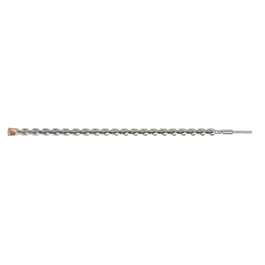 A long, spiral-shaped masonry drill bit with a carbide tip, suitable for use with rotary hammer drills.