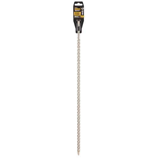 A long DEWALT SDS-Plus hammer drill bit in its retail packaging, featuring a spiral flute design and a pointed carbide tip, intended for use in masonry and concrete drilling.
