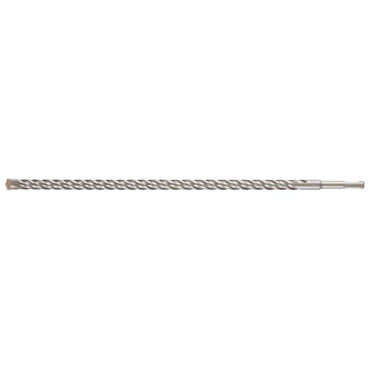 A long, metallic hammer drill bit with a spiral flute design and a pointed tip, suitable for masonry or concrete drilling.