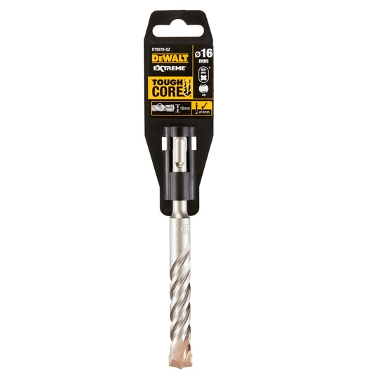 DEWALT Extreme Tough Core SDS drill bit, 16 mm diameter, in retail packaging. The drill bit has a spiral flute and a reinforced tip, suitable for drilling into hard materials.
