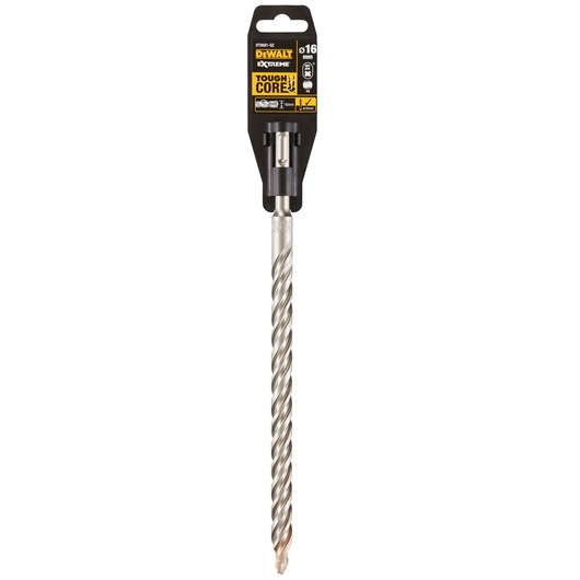 A DEWALT Extreme Tough Core drill bit in its original packaging, sized 16 mm, featuring a spiral design and suitable for heavy-duty drilling.