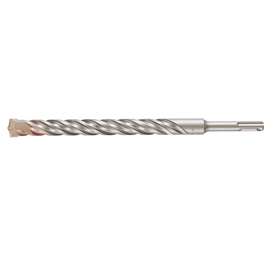 A straight-on view of a DEWALT metal drill bit with a spiral fluted shaft and an SDS connection end.
