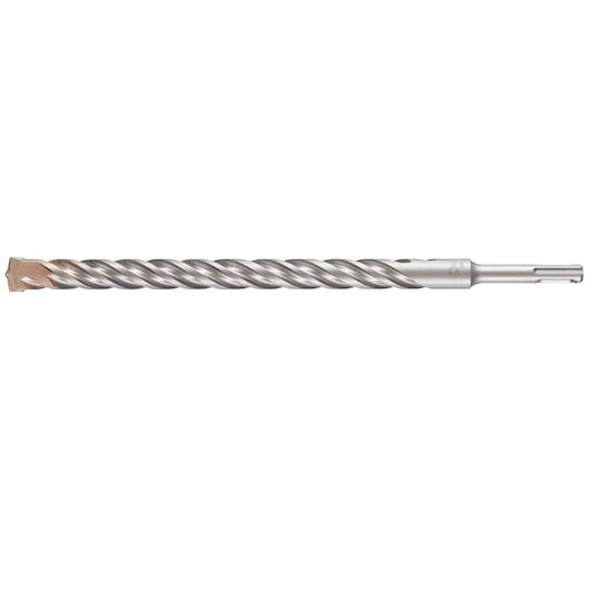 A DEWALT SDS plus masonry drill bit, silver in color with a spiral design and a carbide tip, used for drilling into concrete, brick, or stone.