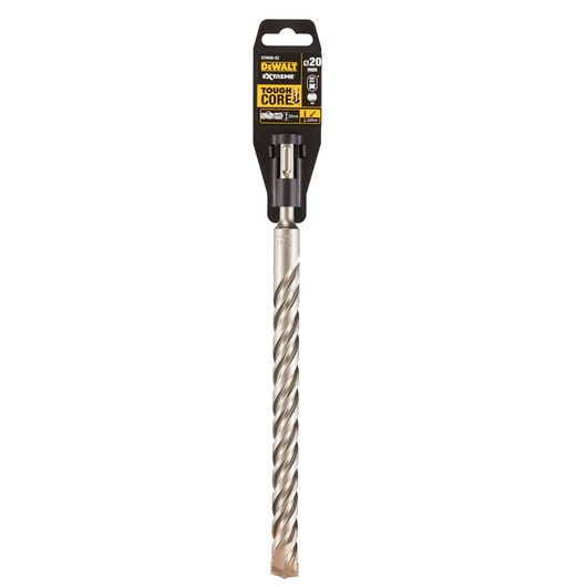 DEWALT DT9598 Tough Core Extreme SDS-Plus masonry drill bit, 20mm diameter, silver with spiral fluting and black and yellow packaging.