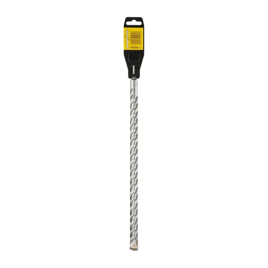 A DEWALT drill bit with a spiral design and a yellow label attached at the top, shown vertically against a white background.