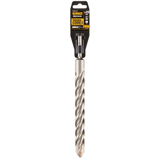 A DEWALT Extreme Toughcore drill bit with a spiral flute design, shown in its retail packaging. The drill bit is 25 mm in diameter and intended for heavy-duty use.