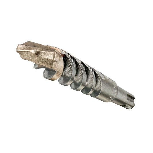 Close-up image of a DEWALT metal drill bit with a spiral flute design, used for drilling into hard materials such as concrete or masonry.