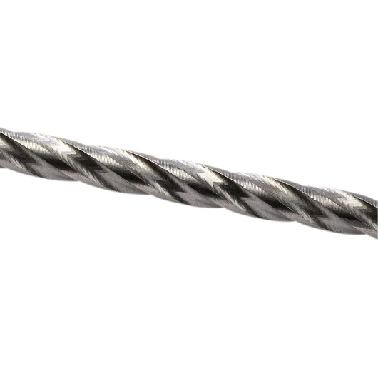 Close-up of a metal drill bit with spiral grooves against a white background.