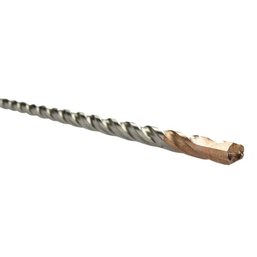 Close-up of a DEWALT DT9621 spiral masonry drill bit with pointed tip on white background.