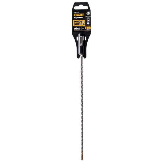 A DEWALT branded long masonry drill bit, DT9621 model, in retail packaging, featuring a spiral metal shaft and SDS fit, labeled as ToughCore for extreme durability.