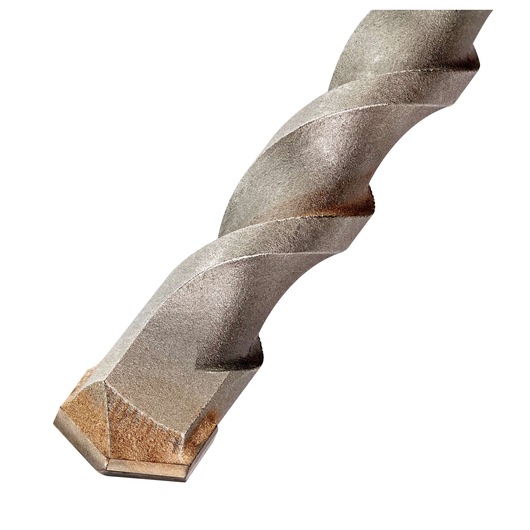 Close-up of a metal drill bit with a spiral design and sharp cutting tip on a white background.