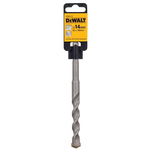 DeWALT 14mm SDS-Plus masonry drill bit in retail packaging, for concrete and stone drilling.