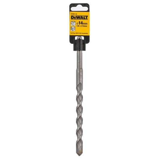 DEWALT DT9651 14mm SDS-Plus masonry drill bit with spiral shaft and yellow branded packaging.