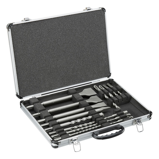 Metal case with assorted drill bits and chisels organized in foam slots, open and ready for use.