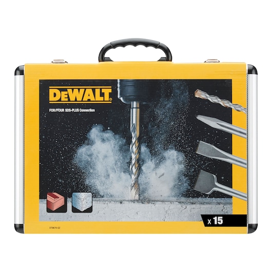 DEWALT SDS-Plus drill and chisel bit set box with 15 pieces for masonry and concrete work.