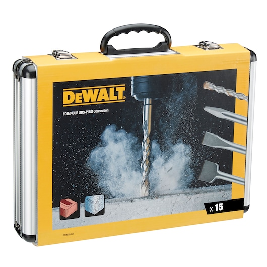 DEWALT drill and chisel set in a yellow and black metal carrying case for SDS-Plus, shown with 15 pieces.
