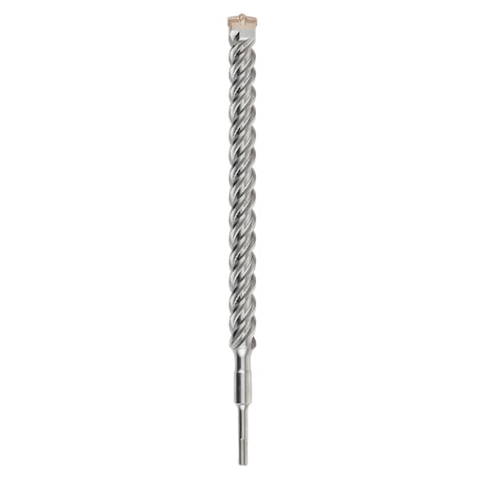 A metal SDS drill bit with a spiral design and carbide tip, positioned vertically against a white background.