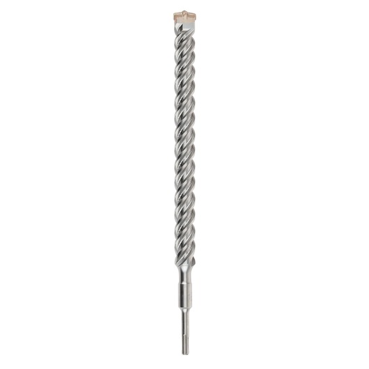 A DEWALT SDS Max rotary hammer drill bit with a twisted design and carbide tip for drilling into concrete or masonry. The metal tool is displayed vertically against a white background.