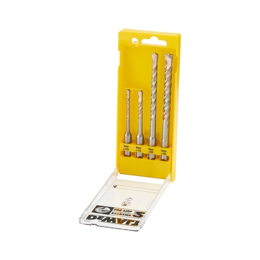 DEWALT drill bit set in yellow case with four bits of varying sizes for masonry drilling.
