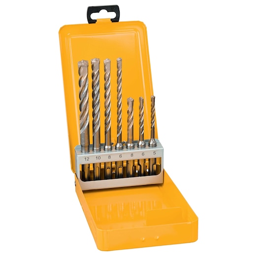 Yellow DEWALT case with a set of metal drill bits in sizes 5 to 12, organized upright in a holder.