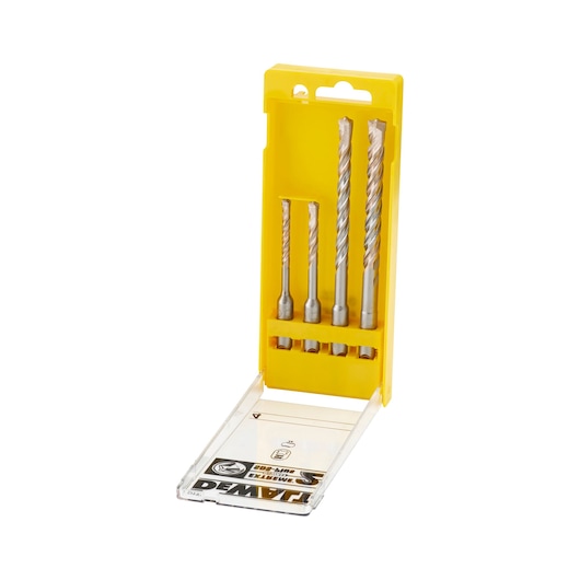 Yellow DEWALT drill bit set with four metal bits in a transparent case, standing upright.