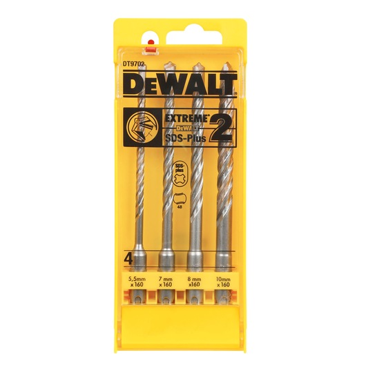 DEWALT DT9702 SDS-Plus drill bit set, four pieces in a yellow plastic case, sizes from 5.5mm to 10mm.