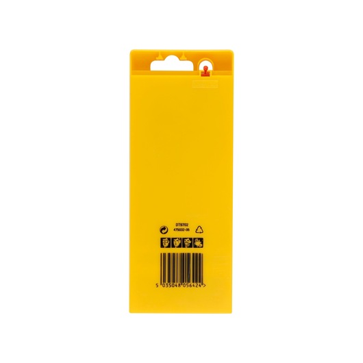 Rear view of a yellow DEWALT DT9702 product package with barcode and safety icons visible.