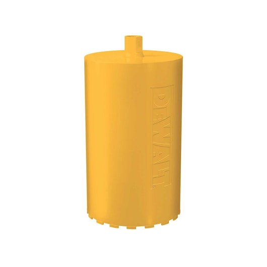 Yellow cylindrical DEWALT core drill bit with serrated edge, used for drilling through masonry and concrete.