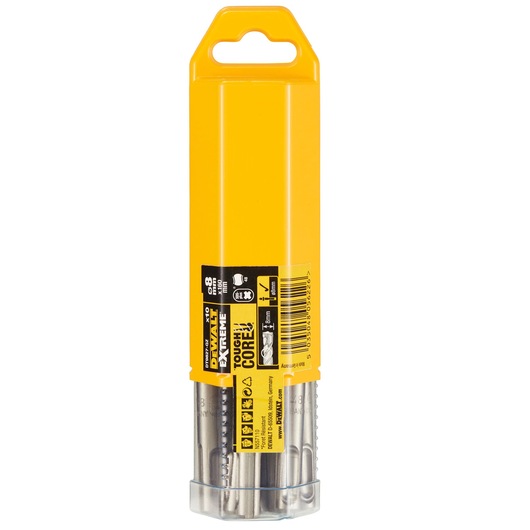 A yellow DEWALT-branded plastic case containing metal drill bits, with a hanging hook at the top and a label displaying product information.
