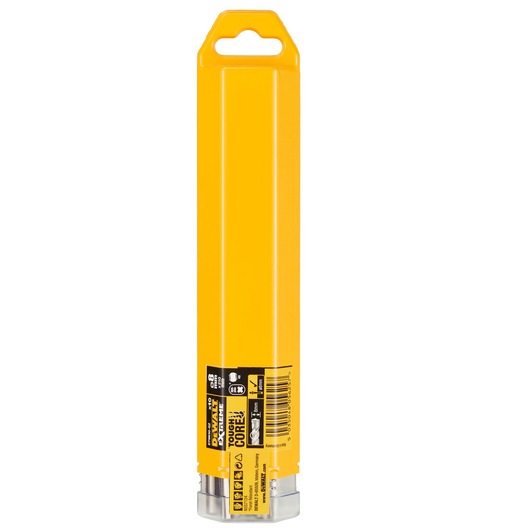 A yellow DEWALT product package shown upright with a hanging tab at the top and product details printed near the bottom.