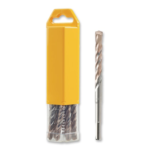 A set of DEWALT drill bits with spiral flutes, shown beside a yellow plastic storage case. The case is partly transparent at the bottom, revealing the drill bits inside.