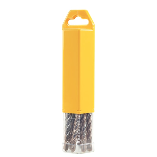 Yellow DEWALT drill bit pack with clear bottom showing several metal bits upright.