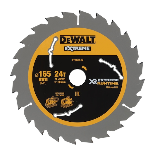 DEWALT DT99560 circular saw blade with 24 teeth, 165 mm diameter, designed for extreme runtime, suitable for various cutting tools. The blade is black and yellow with technical specifications and product branding printed on its surface.