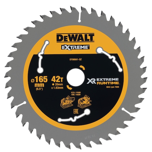 DEWALT DT99561 circular saw blade, 165mm diameter with 42 teeth, designed for extreme runtime and fits specific saw models. The blade has a yellow and black label with technical specifications and illustrations.