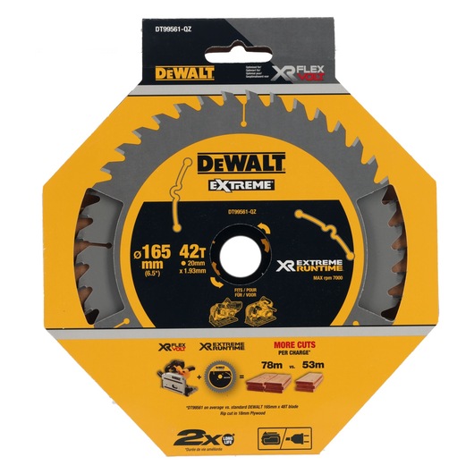 DEWALT Extreme XR Flexvolt saw blade, 165mm diameter, 42 teeth, packaged in yellow and black box.