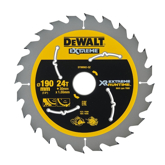 DEWALT EXTREME XR Extreme Runtime circular saw blade, 190 mm diameter, 24 teeth, 30 mm bore, designed for high performance with a maximum speed of 7000 rpm.