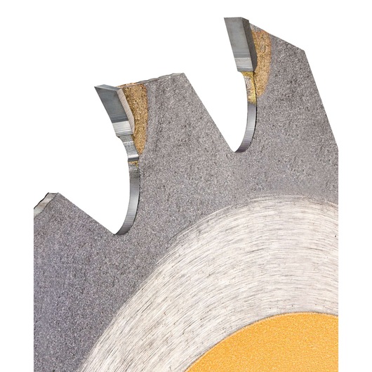Close-up view of a DEWALT DT99562 circular saw blade showing its sharp metal teeth and durable construction.