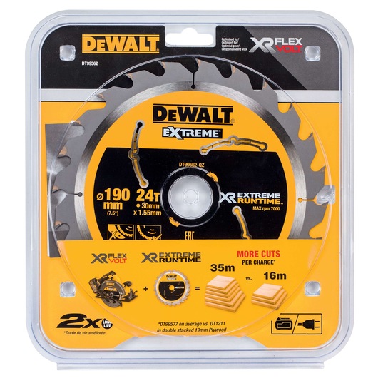DEWALT DT99562 Extreme XR FlexVolt 190mm 24T circular saw blade in yellow plastic packaging.