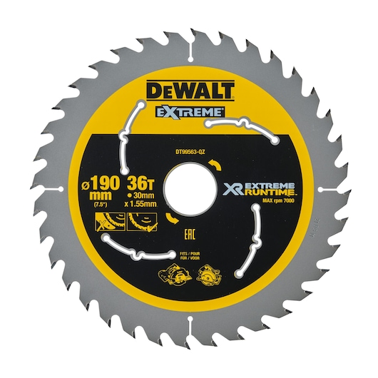 DEWALT EXTREME XR RUNTIME circular saw blade, 190 mm diameter, 36 teeth, model DT99563-QZ. Suitable for woodworking, with a maximum speed of 7000 rpm.