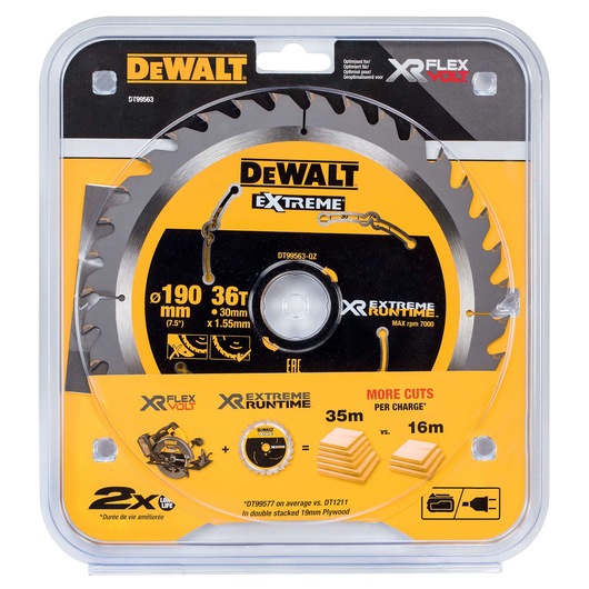 DEWALT DT99563 190mm circular saw blade in packaging for XR FLEXVOLT system, features 36 teeth and extreme runtime.