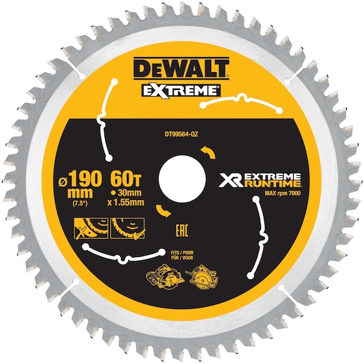 DEWALT Extreme 190mm circular saw blade with 60 teeth for XR Extreme Runtime. The blade is yellow and black, marked with max 7000 rpm, 30mm bore, and 1.55mm thickness. Suitable for use with circular and mitre saws.