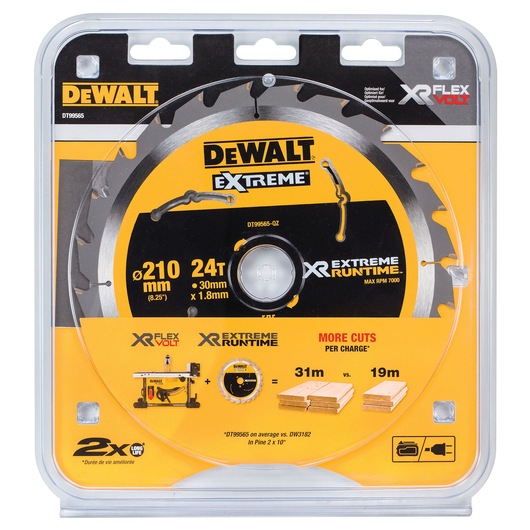 Front view of DEWALT DT99565 XR FlexVolt Extreme Runtime circular saw blade in retail packaging. The blade has a diameter of 210 mm, 24 teeth, and is suitable for wood cutting. Packaging highlights improved runtime and more cuts per charge compared to standard blades.