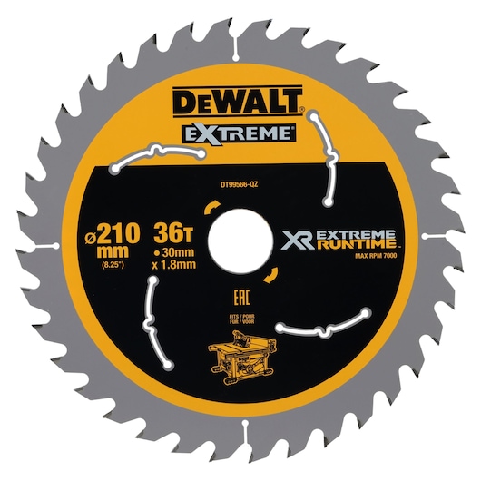 DEWALT Extreme circular saw blade, 210mm diameter, 36 teeth, 30mm bore, suitable for table saws, labeled XR Extreme Runtime, model DT99566.