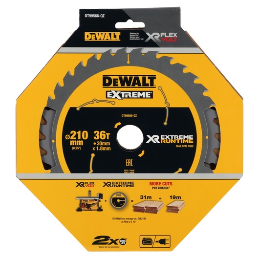 DEWALT Extreme XR saw blade, 210mm diameter, 36 teeth, in yellow and black package, FlexVolt compatible.