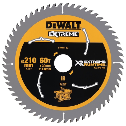 DEWALT Extreme XR Runtime circular saw blade, model DT99567, with 60 teeth, 210 mm diameter, 30 mm bore, 1.8 mm thickness, and maximum speed of 7000 RPM. The blade has a grey and yellow design and fits table saws.