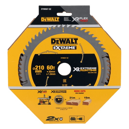 DEWALT Extreme XR Flexvolt 210mm circular saw blade in yellow packaging, model DT99567, 60 teeth.