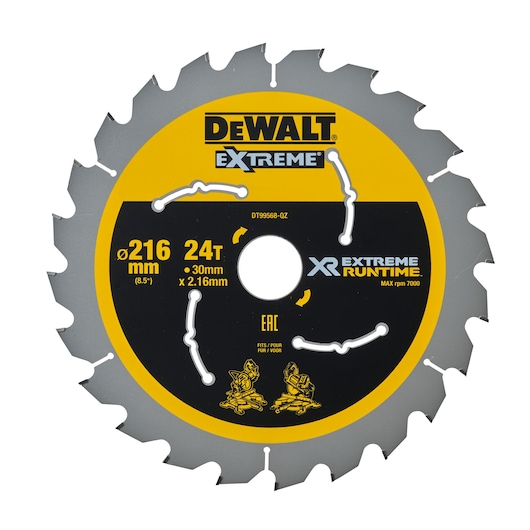 DEWALT Extreme XR Runtime saw blade, 216mm, 24 teeth, for cutting tools, black and yellow, model DT99568.